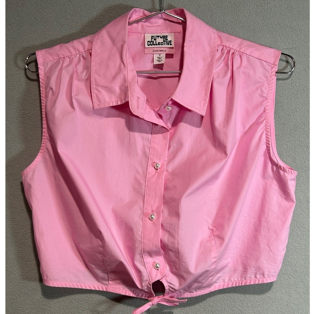 Future Collective Alani Noelle Top Women M Pink Sleeveless Tie Front Button Down